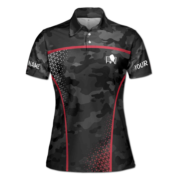 Custom Team Name Pickleball Player Camo Pattern Black Women's Polo Shirt S-5XL