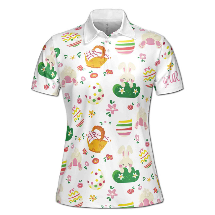 Custom Name Cute Rabbit And Eggs Floral White Women's Polo Shirt S-5XL