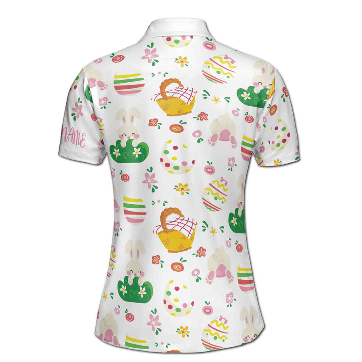 Custom Name Cute Rabbit And Eggs Floral White Women's Polo Shirt S-5XL