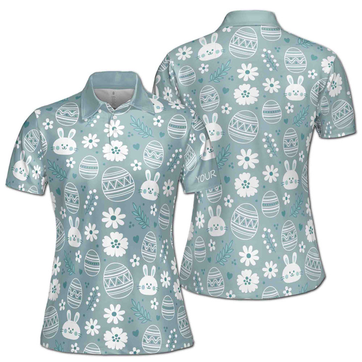 Custom Name Cute Egg Rabbit Hearts Leaves Blue Women's Polo Shirt S-5XL