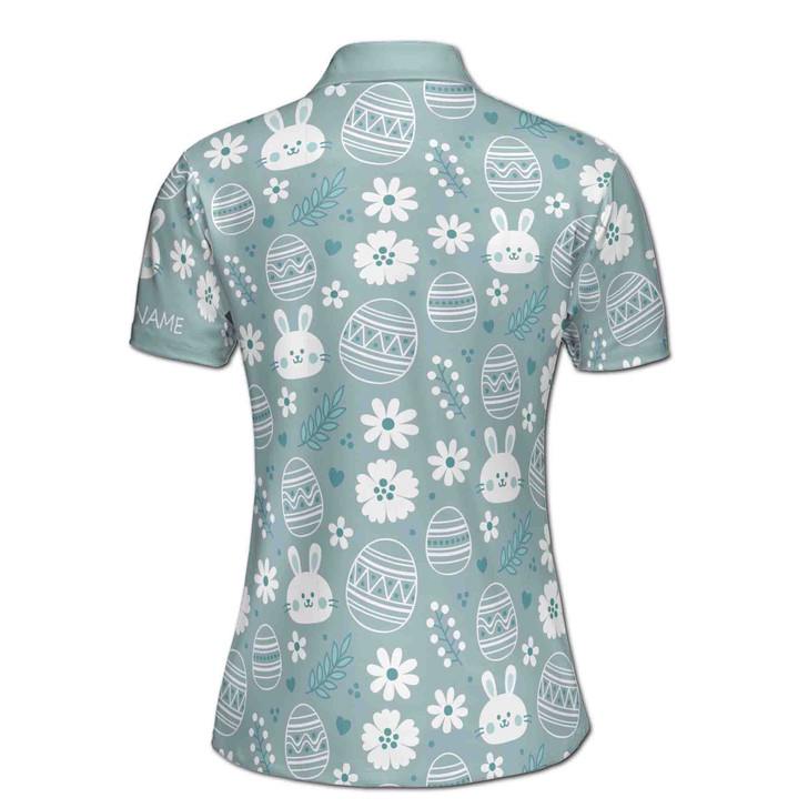 Custom Name Cute Egg Rabbit Hearts Leaves Blue Women's Polo Shirt S-5XL