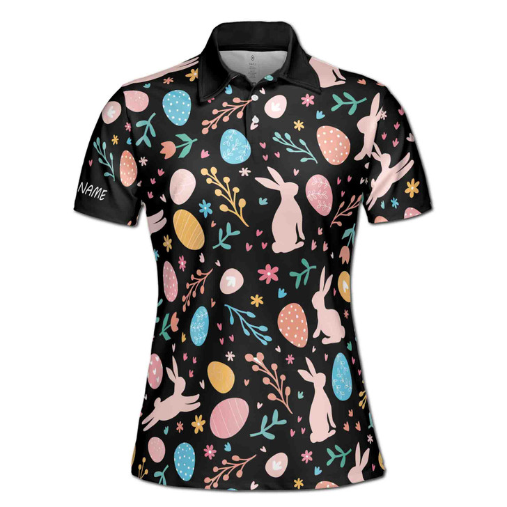 Custom Name Cute Egg Hearts And Rabbit Black Women's Polo Shirt S-5XL