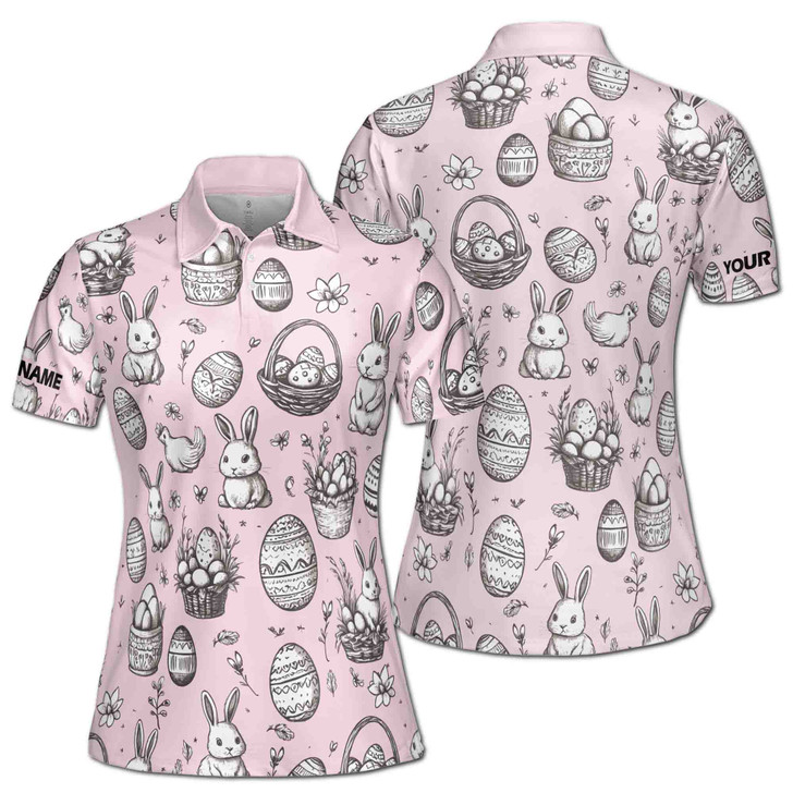 3DCustom Name Cute Rabbit and Egg Basket Pink Women's Polo Shirt S-5XL