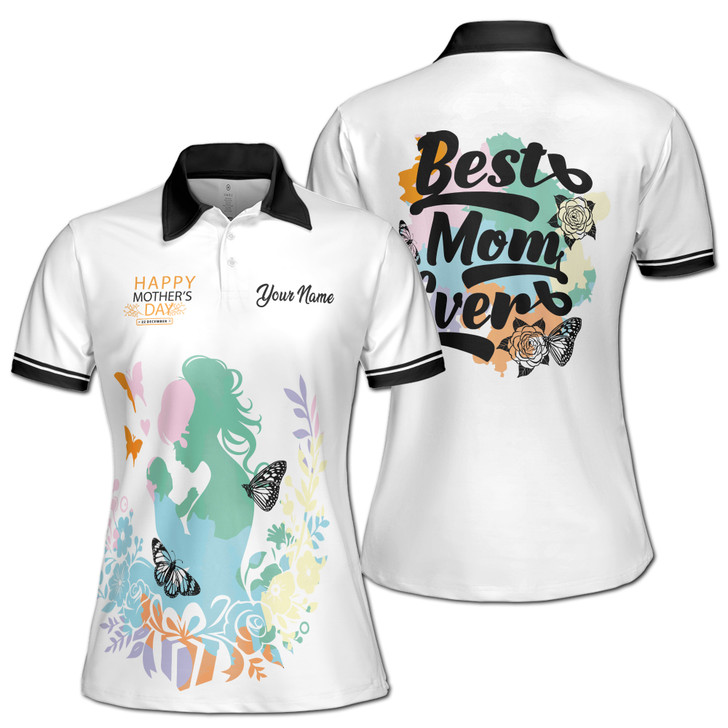Custom Name Mom Quote Best Mom Ever White Floral Women's Polo Shirt S-5XL