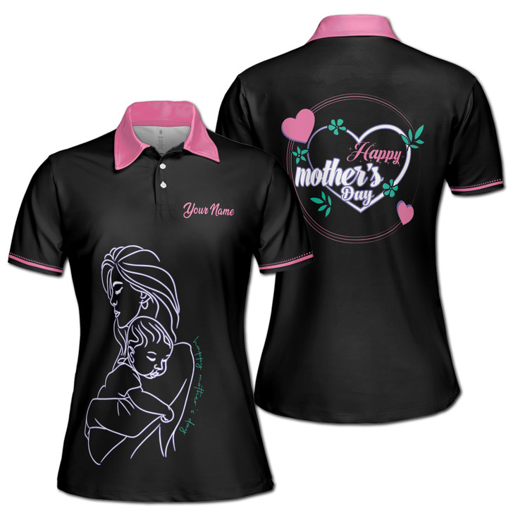 Custom Name Mom Baby Hearts Black Pink Women's Polo Shirt S-5XL