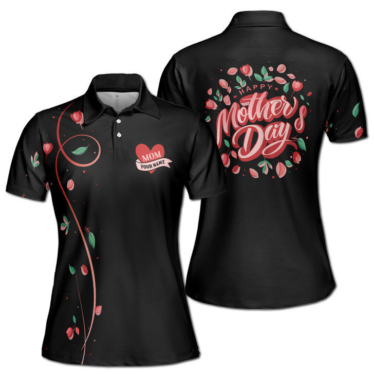 Custom Name Mom Floral Pattern Black Red Women's Polo Shirt S-5XL