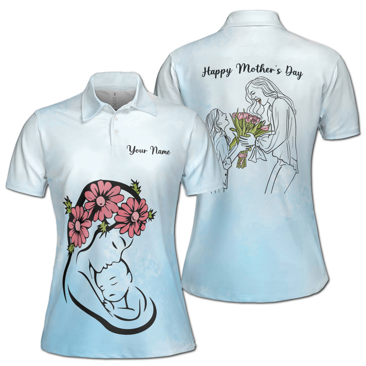Custom Name Mother Child Flower Blue Women's Polo Shirt S-5XL