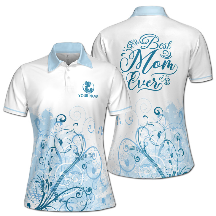 Custom Name Mom Quote Best Mom Ever Vines White Blue Women's Polo Shirt S-5XL