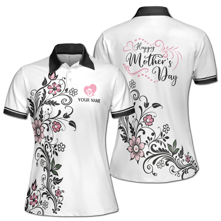 Custom Name Mom Baby Floral Black White Women's Polo Shirt S-5XL