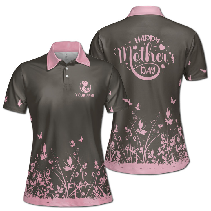 Custom Name Mom Baby Floral Silhouette Black Pink Women's Polo Shirt S-5XL