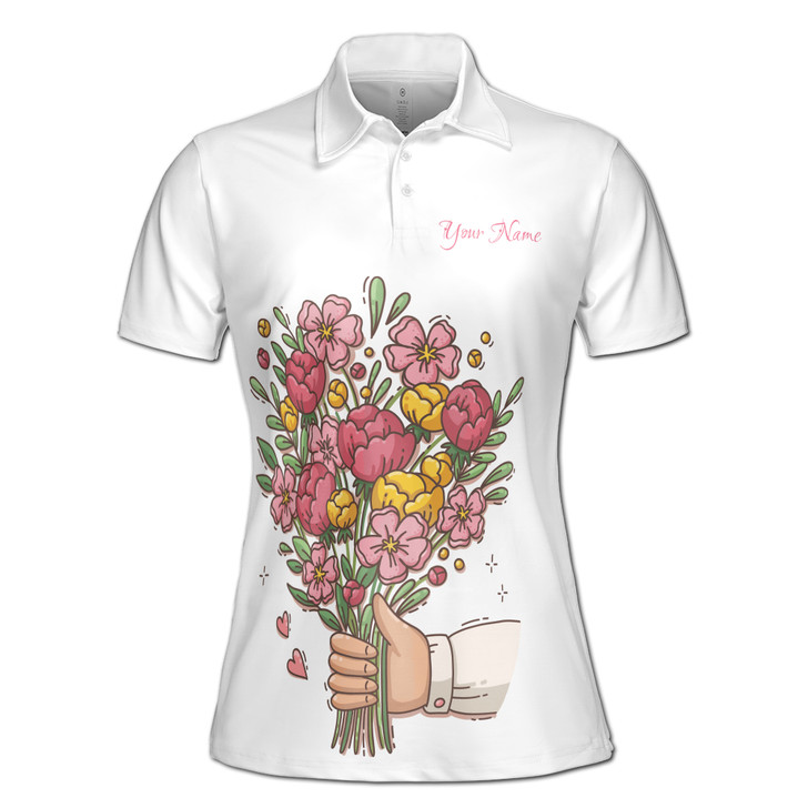 Custom Name Mom Quote Best Mom Ever Bouquet White Women's Polo Shirt S-5XL