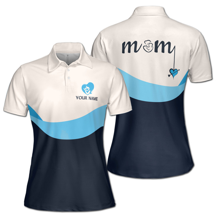 Custom Name Mom Baby Hearts Blue White Women's Polo Shirt S-5XL