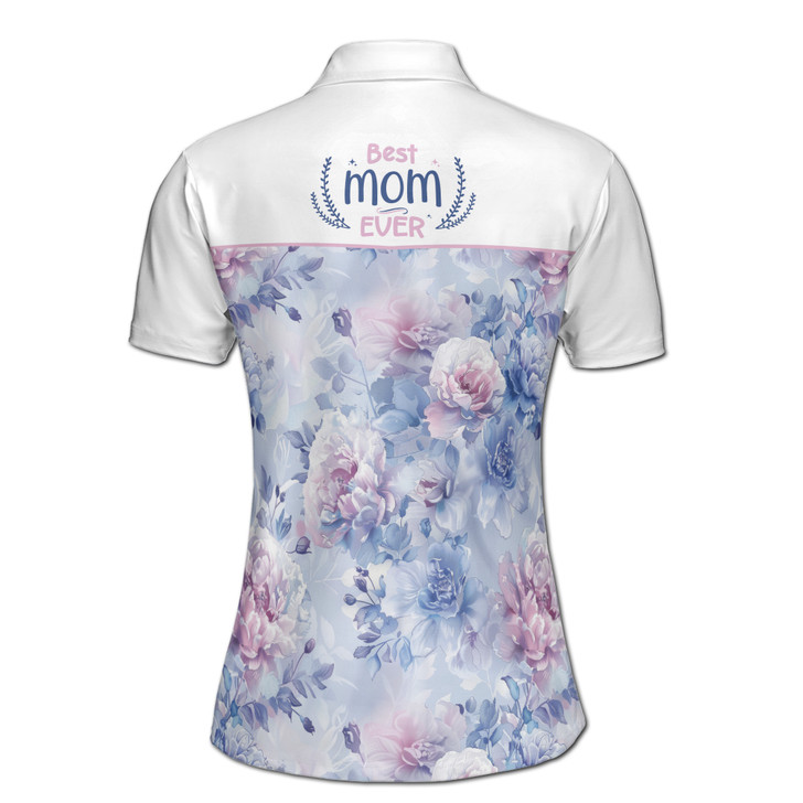 Custom Name Mom Quote Best Mom Ever Floral White Purple Women's Polo Shirt S-5XL