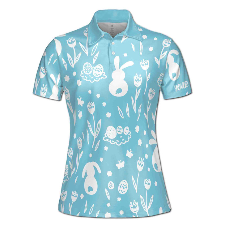 Custom Name Cute Egg Rabbit Floral White Blue Women's Polo Shirt S-5XL