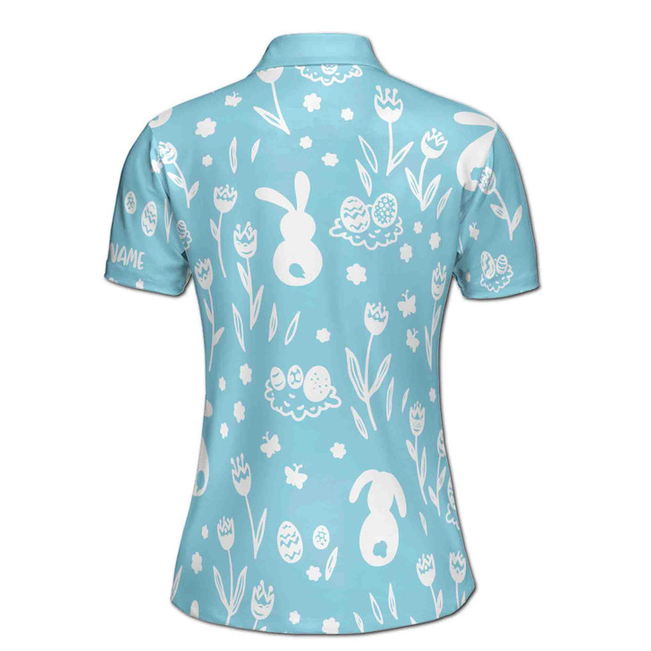 Custom Name Cute Egg Rabbit Floral White Blue Women's Polo Shirt S-5XL