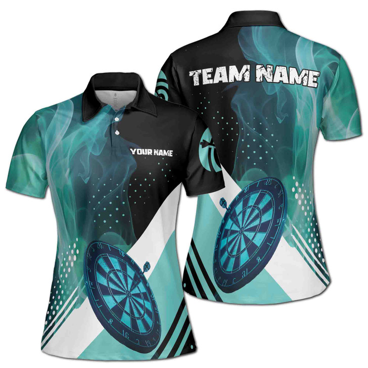 Custom Team Name Darts Teal Smoke Black Blue Women's Polo Shirt S-5X, For Friend