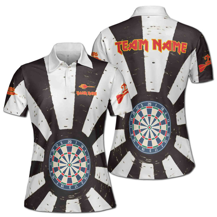 Custom Team Name Darts Fire Board Pattern Black White Women's Polo Shirt S-5X