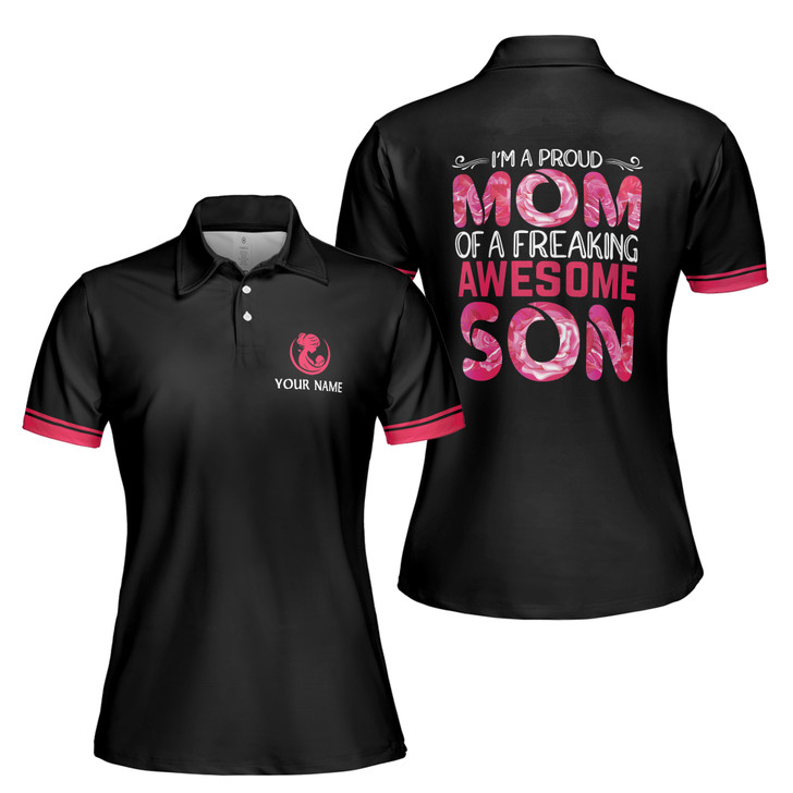 Custom Name Mom Quote Proud Of Awesome Son Black Women's Polo Shirt S-5XL