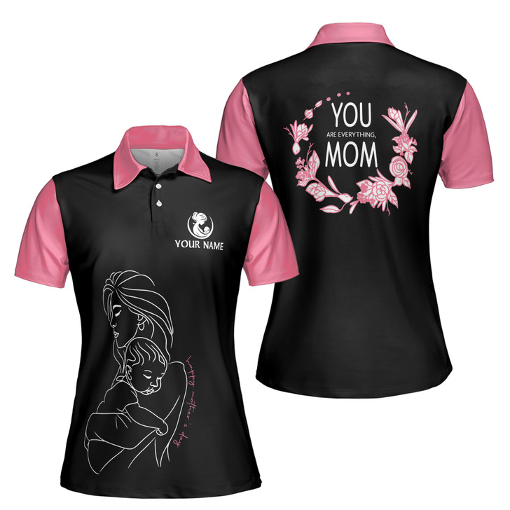Custom Name You Are Everything Mom Floral Black Pink Women's Polo Shirt S-5XL