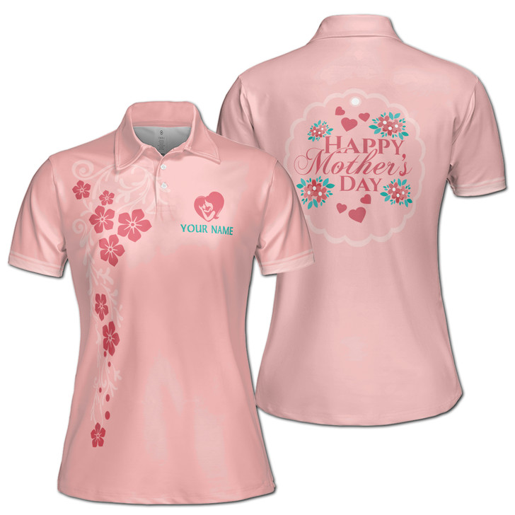 Custom Name Happy Mom Baby Floral Pattern Pink Women's Polo Shirt S-5XL, For Mom