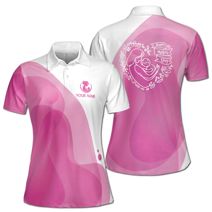 Custom Name Happy Mom Baby Branches White Pink Women's Polo Shirt S-5XL, For Mom