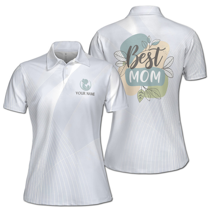 Custom Name Best Mom Leaves Pattern White Women's Polo Shirt S-5XL