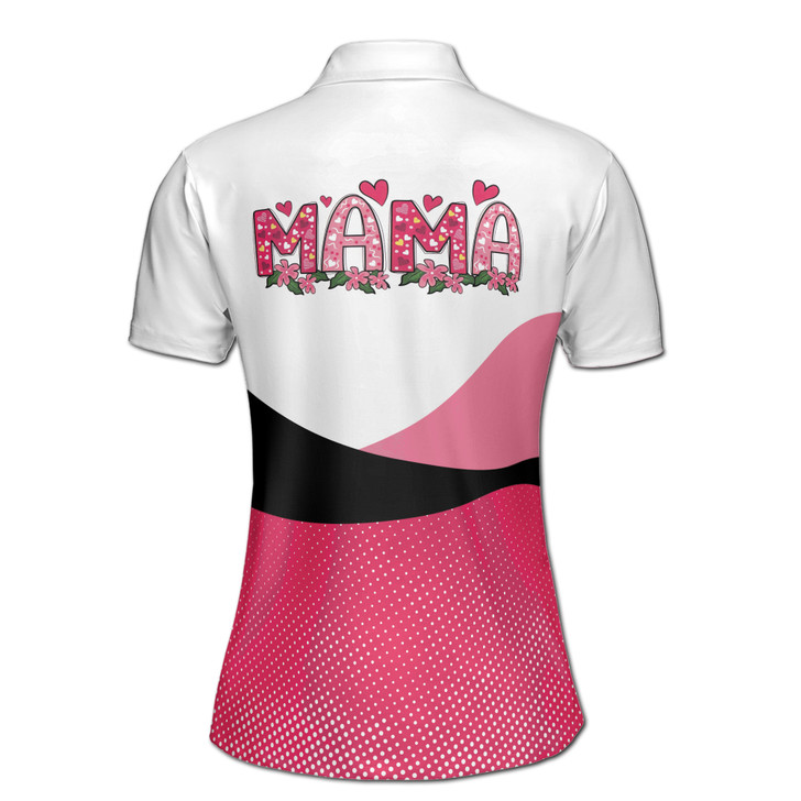 Custom Name Mama Heart Floral Dots Pattern White Pink Women's Polo Shirt S-5XL