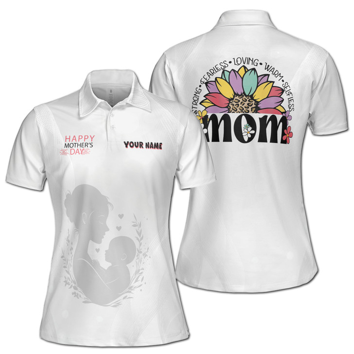 Custom Name Happy Mom Baby Adjectives Floral White Women's Polo Shirt S-5XL