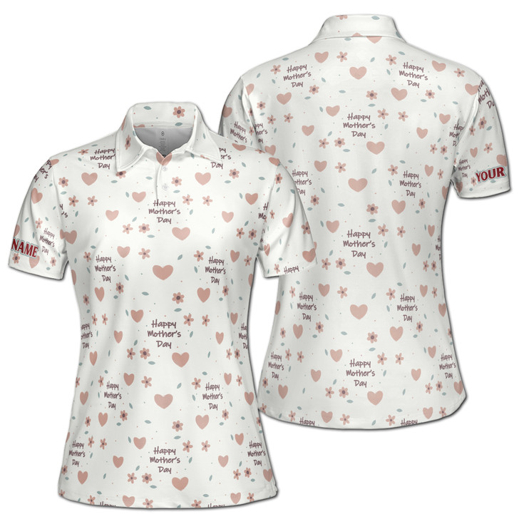 Custom Name Happy Mom Floral Heart Pattern White Women's Polo Shirt S-5XL