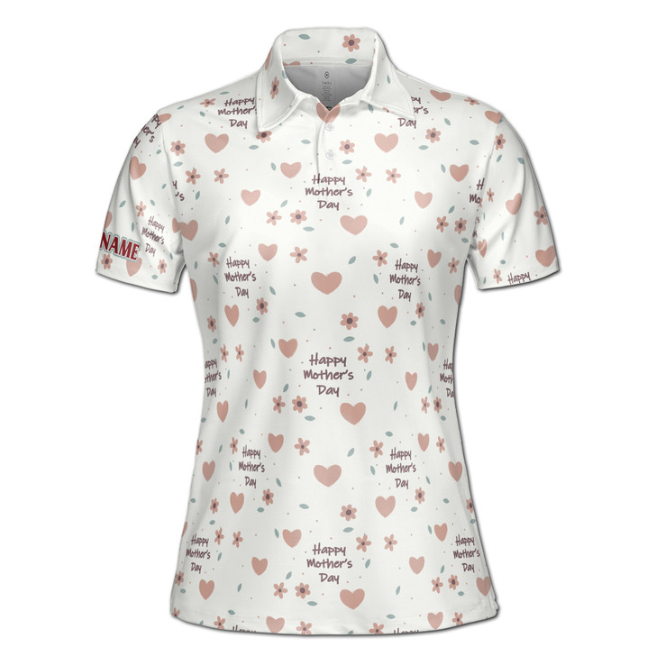 Custom Name Happy Mom Floral Heart Pattern White Women's Polo Shirt S-5XL