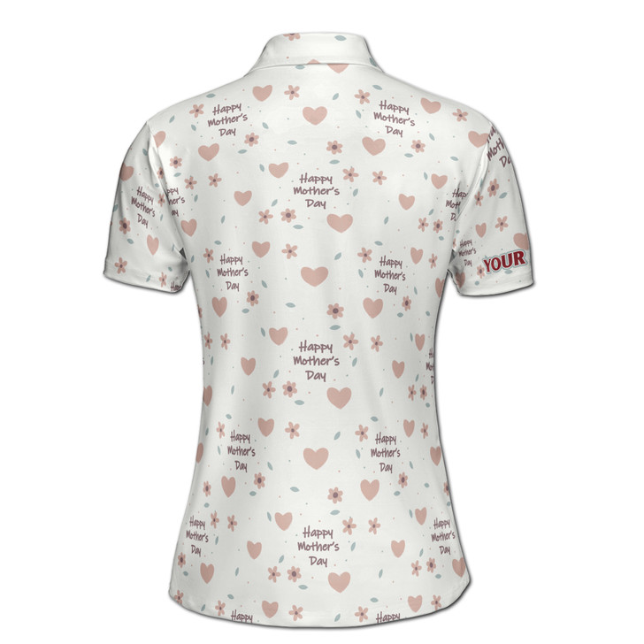 Custom Name Happy Mom Floral Heart Pattern White Women's Polo Shirt S-5XL