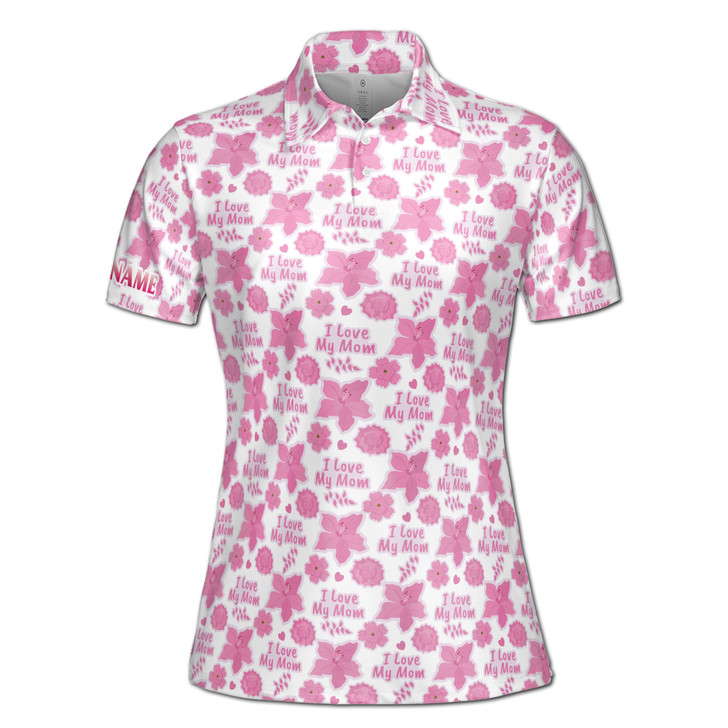 Custom Name Love Mom Floral Heart Leaves White Pink Women's Polo Shirt S-5XL