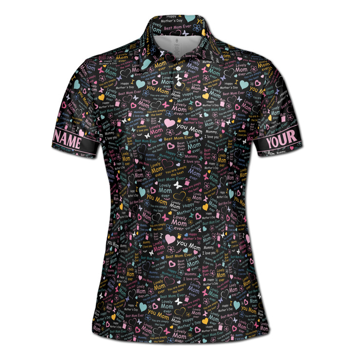 Custom Name Mom Quote Floral Hearts Black Colorful Women's Polo Shirt S-5XL