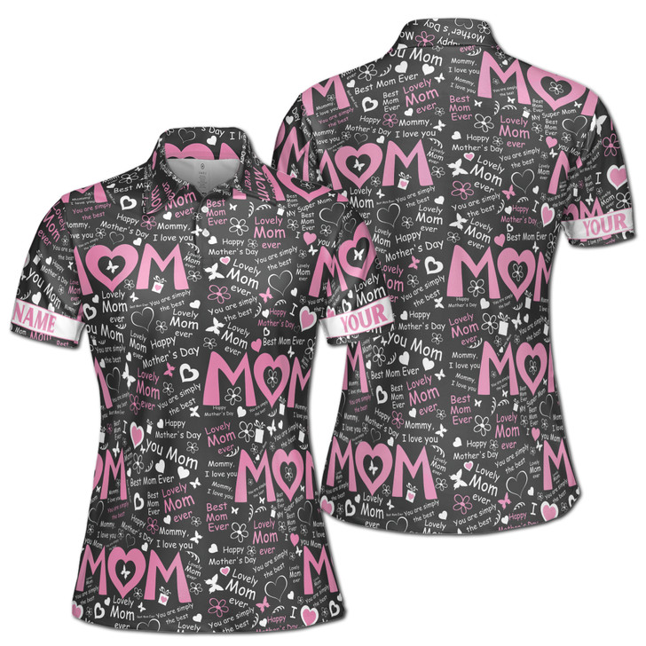 Custom Name Mom Quote Floral Hearts Black Pink White Women's Polo Shirt S-5XL