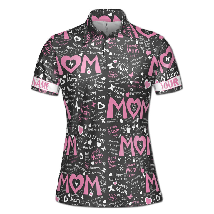 Custom Name Mom Quote Floral Hearts Black Pink White Women's Polo Shirt S-5XL