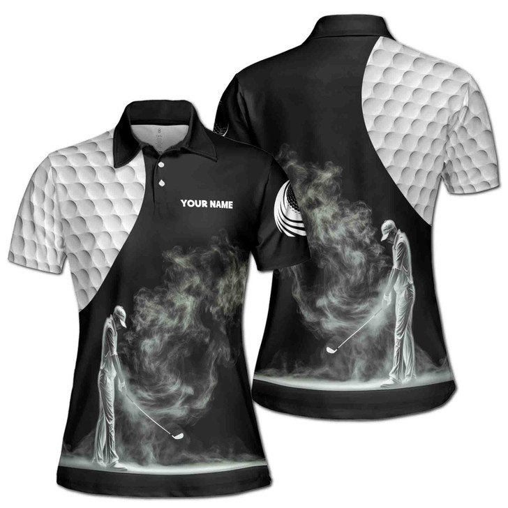 Custom Name Golf Ball Golfer Silhouette Black White Women's Polo Shirt S-5XL