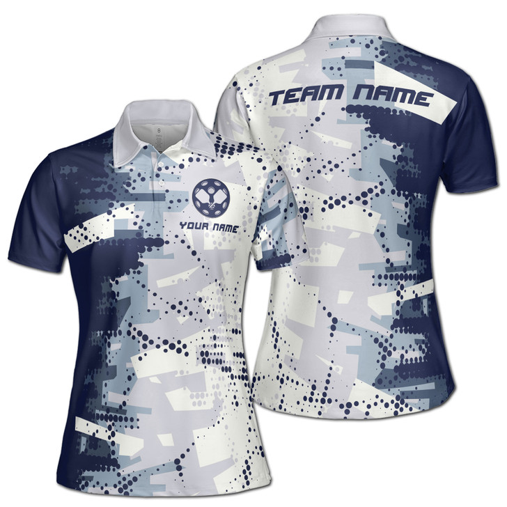 Custom Name Pickleball Paddle Dots Pattern White Blue Women's Polo Shirt S-5XL