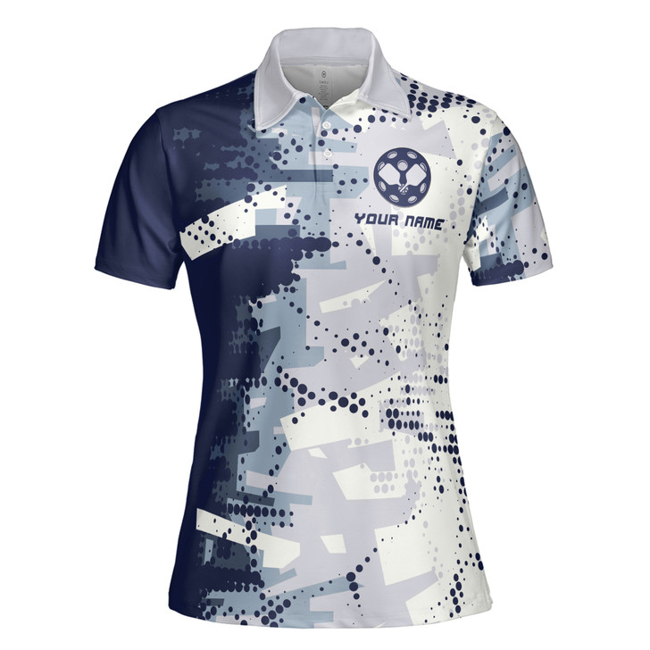 Custom Name Pickleball Paddle Dots Pattern White Blue Women's Polo Shirt S-5XL