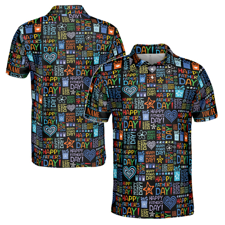 Custom Name Dad Hearts Quote Pattern Black Colorful 3D Men's Polo Shirt S-5XL