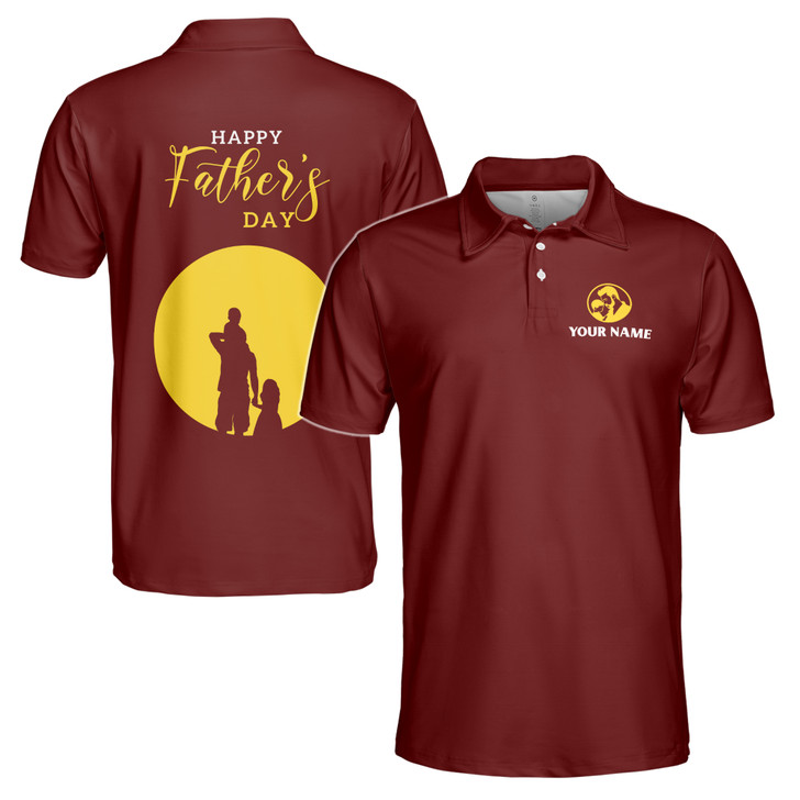 Custom Name Happy Dad Children Silhouette Red 3D Men's Polo Shirt S-5XL