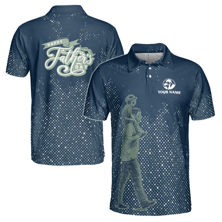 Custom Name Happy Dad Child Dots Pattern Dark Blue 3D Men's Polo Shirt S-5XL