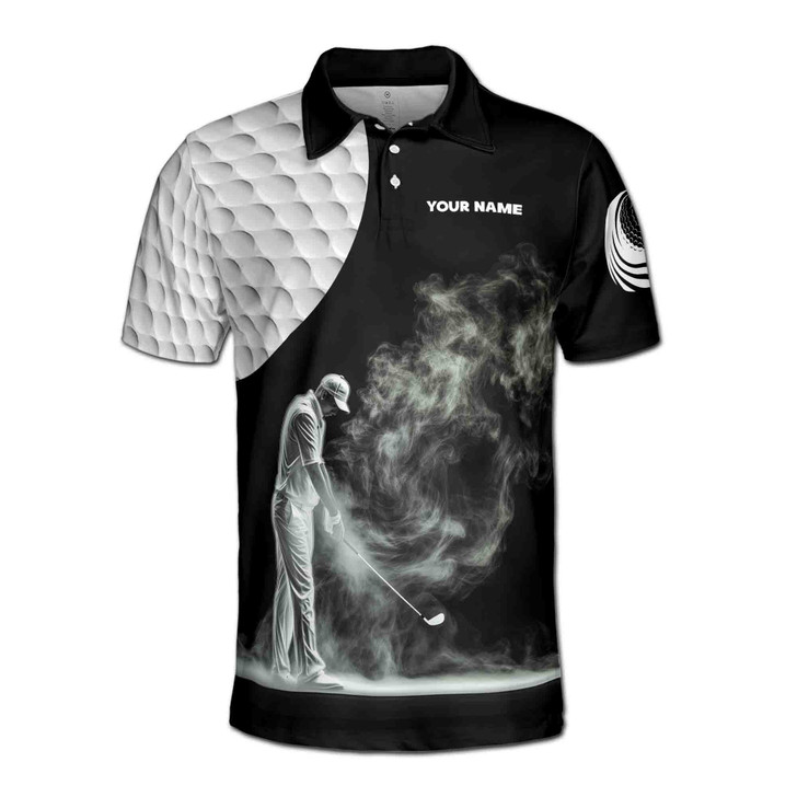 Custom Name Golf Ball Golfer Silhouette Black White 3D Men's Polo Shirt S-5XL
