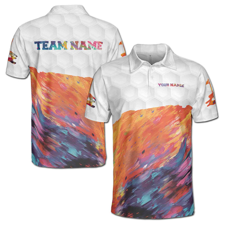 Custom Name Golf Ball Paint Splashes White Colorful 3D Men's Polo Shirt S-5XL