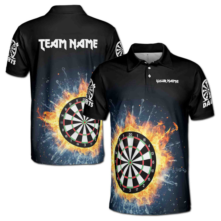 Custom Name Darts Board Fire Water Black 3D Men's Polo Shirt S-5XL, For Friend