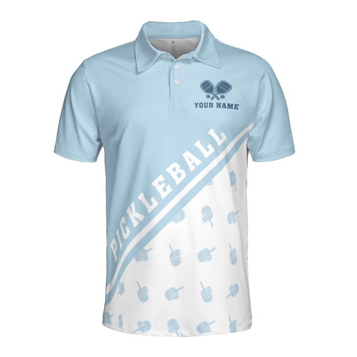 Custom Name Pickleball Paddle Pattern White Sky Blue 3D Men's Polo Shirt S-5XL