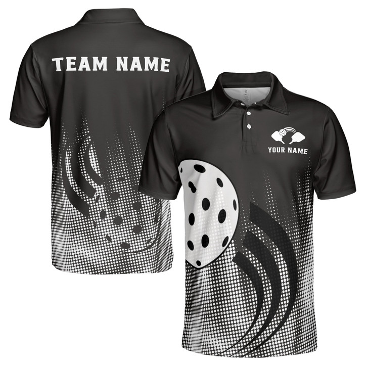 Custom Name Pickleball Paddle Swing Black White 3D Men's Polo Shirt S-5XL