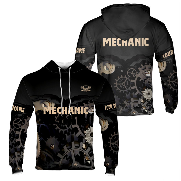 Custom Name Mechanic Skull Gears Black Hoodie S-5XL