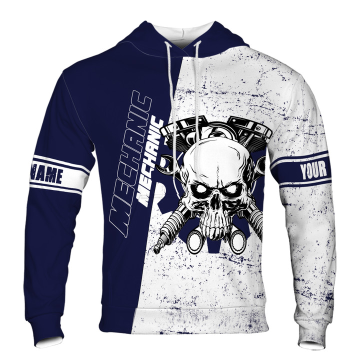 Custom Name Mechanic Skull Gears Dark Blue White Hoodie S-5XL