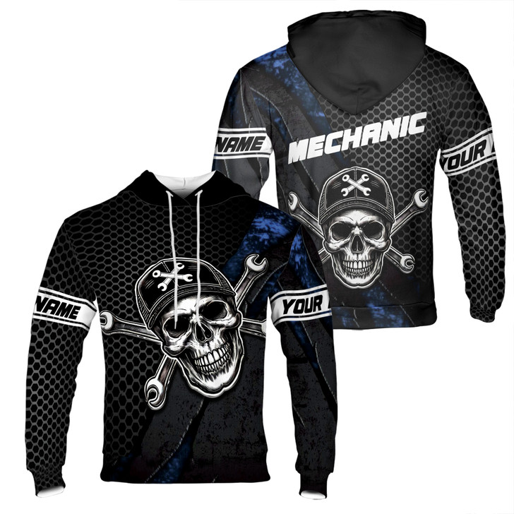 Custom Name Mechanic Tool Skull Cap Hexagon Pattern Black Hoodie S-5XL