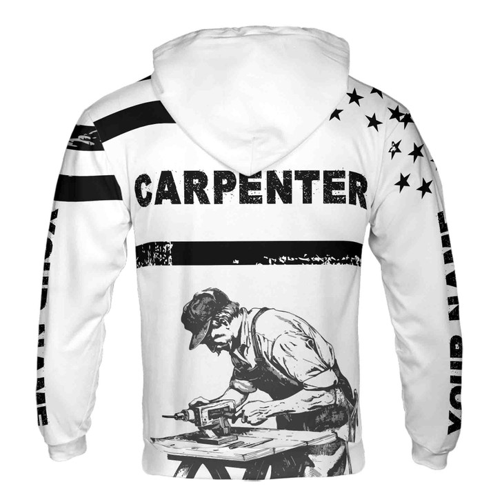 Custom Name Carpenter Woodworker Tools USA Flag Black White Hoodie S-5XL